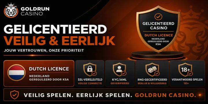 Goldrun Casino met informatie over licenties, SSL-beveiliging, KYC-verificatie en verantwoord spelen